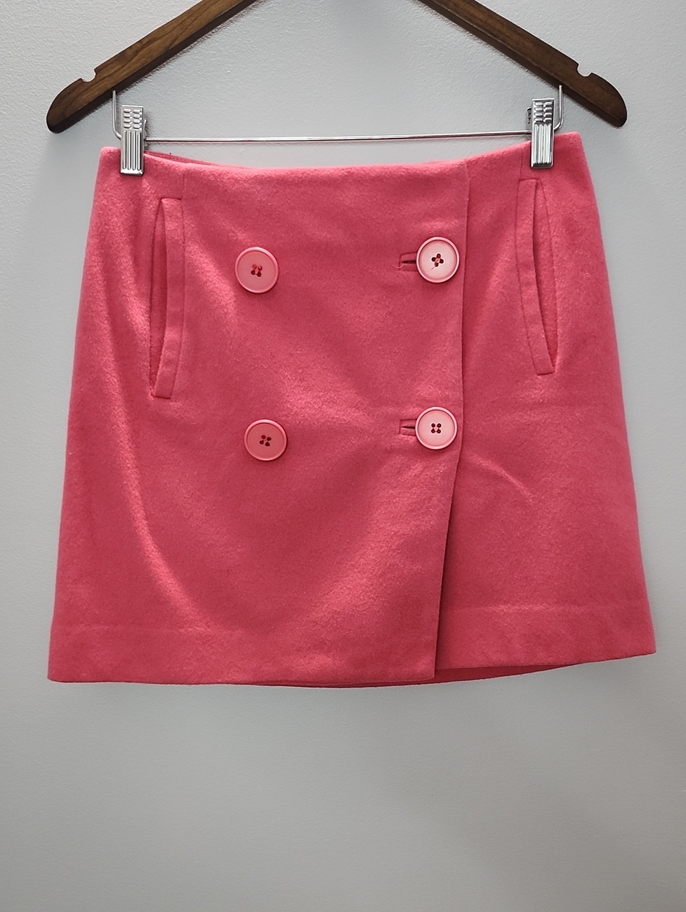 TARA JARMON Pink wool blend double breast wrap mini skirt